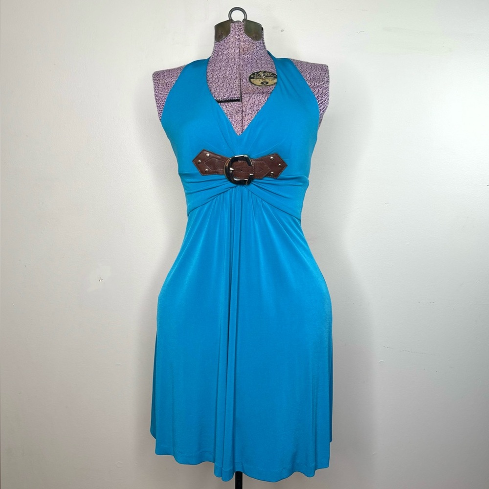 Y2K Cache Aqua Halter Babydoll Dress w/ buckle detail Sz S